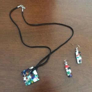 Venetian glass pendant on black cord and earrings